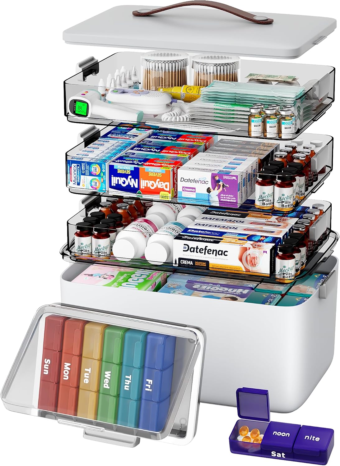 CTIME Organizador de medicamentos XL de 4 niveles con mango de cuer...