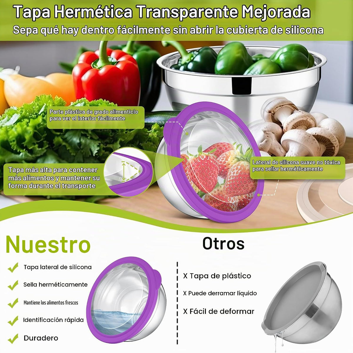 E-far - Juego de cuencos para mezclar con tapas de 5 piezas, cuenco...