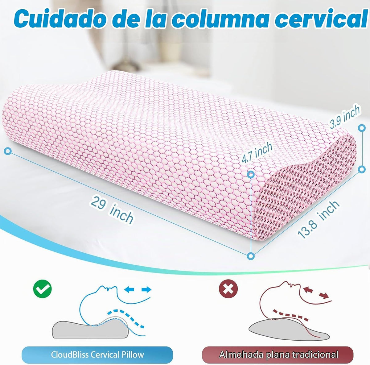 Almohada cervical ergonómica para dormir, tamaño Queen rosa | Almoh...