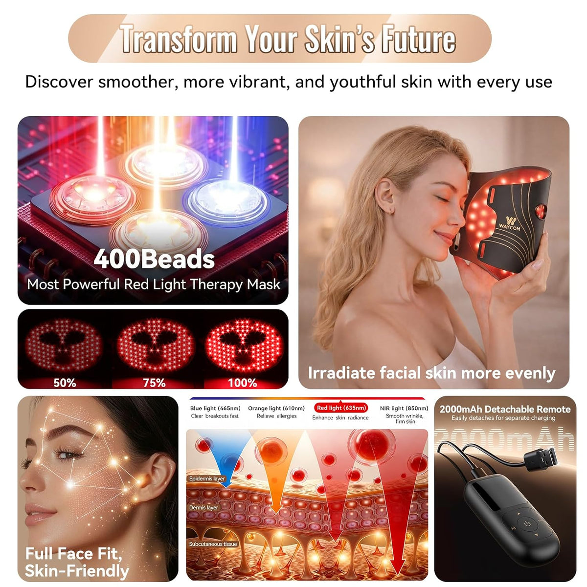 WAYCOM Máscara de terapia de luz roja para la cara: 850nm NIR LED |...