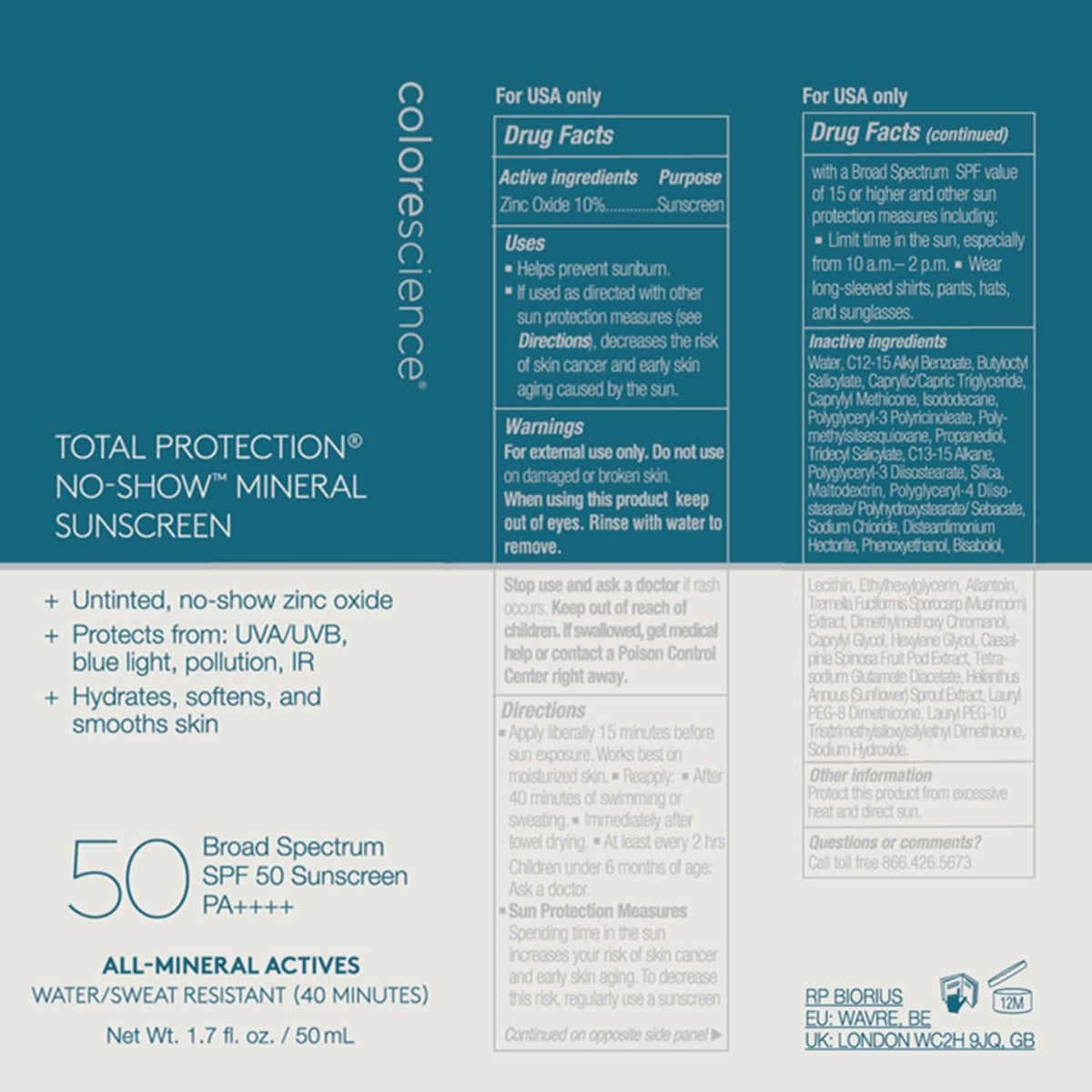Colorescience, protector solar mineral invisible, SPF 50, 1,7 onzas...