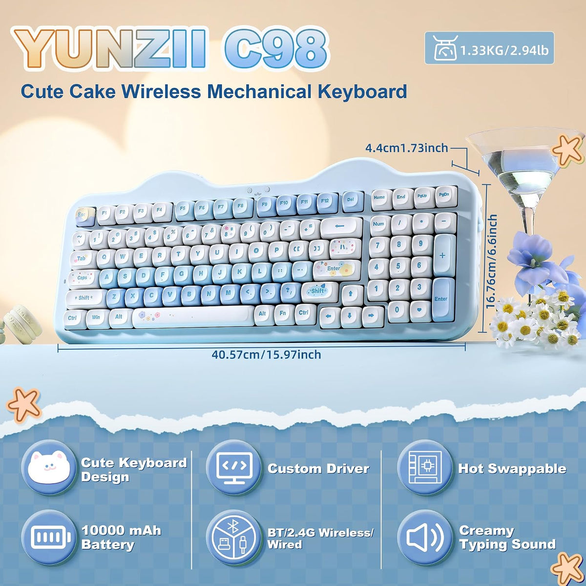 YUNZII Teclado mecánico inalámbrico C98 Cute Cake (azul, interrupto...