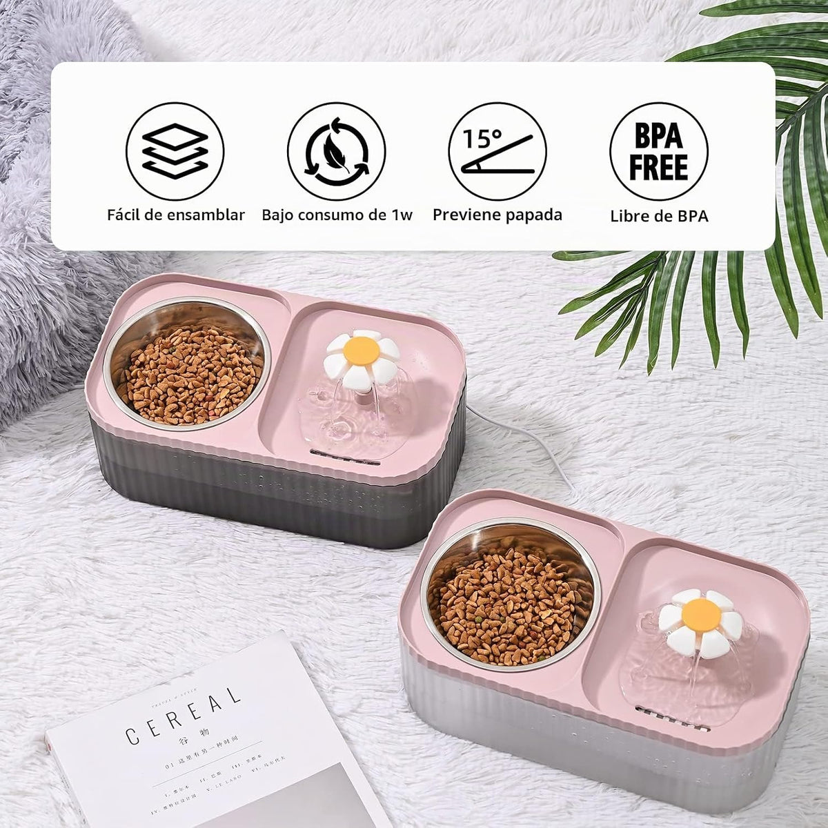 JEERAMIA Fuente de agua para gatos y cuenco de alimentos, dispensad...