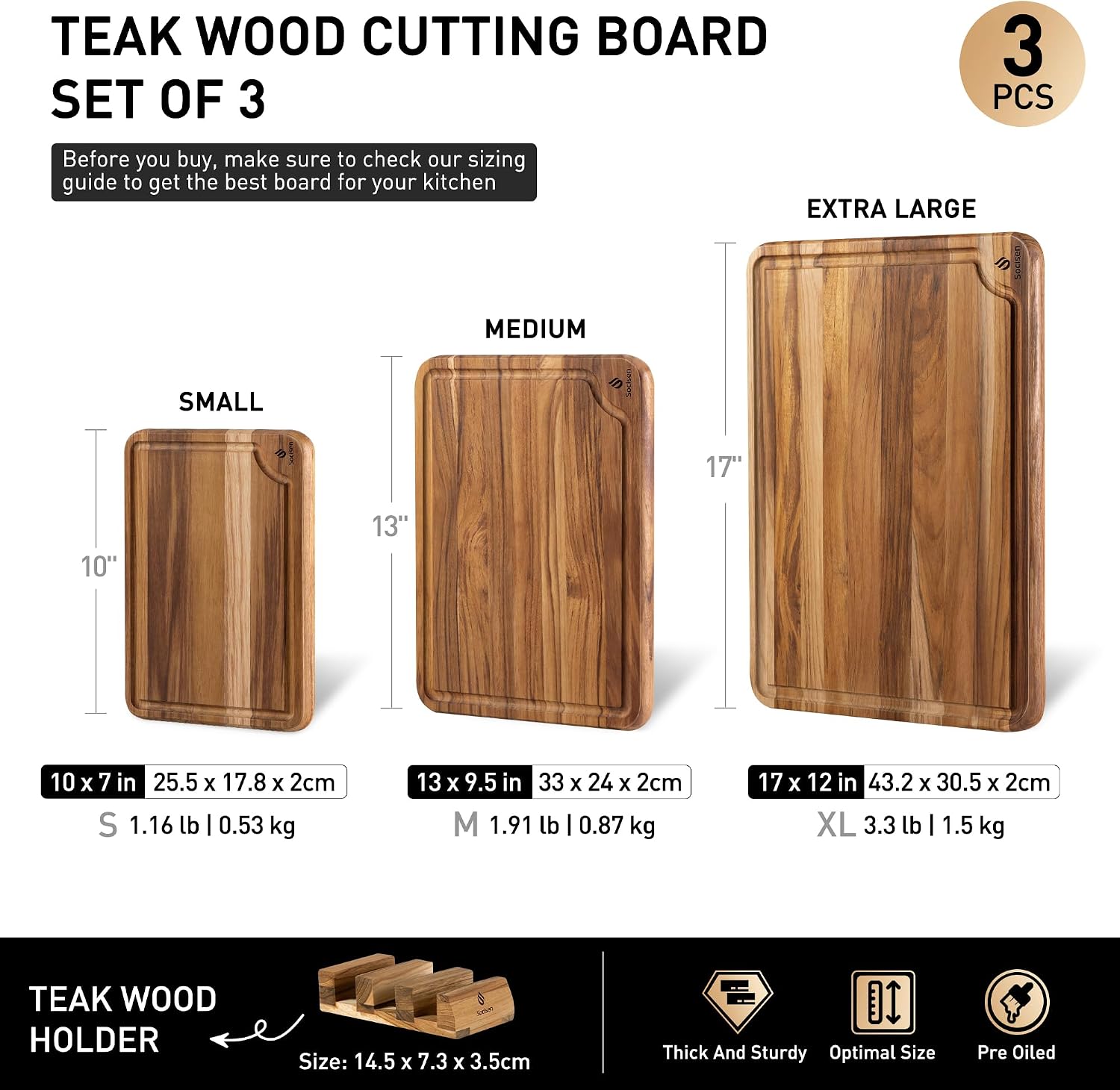 Juego de 3 tablas de cortar de madera de teca para cocina, tabla de...