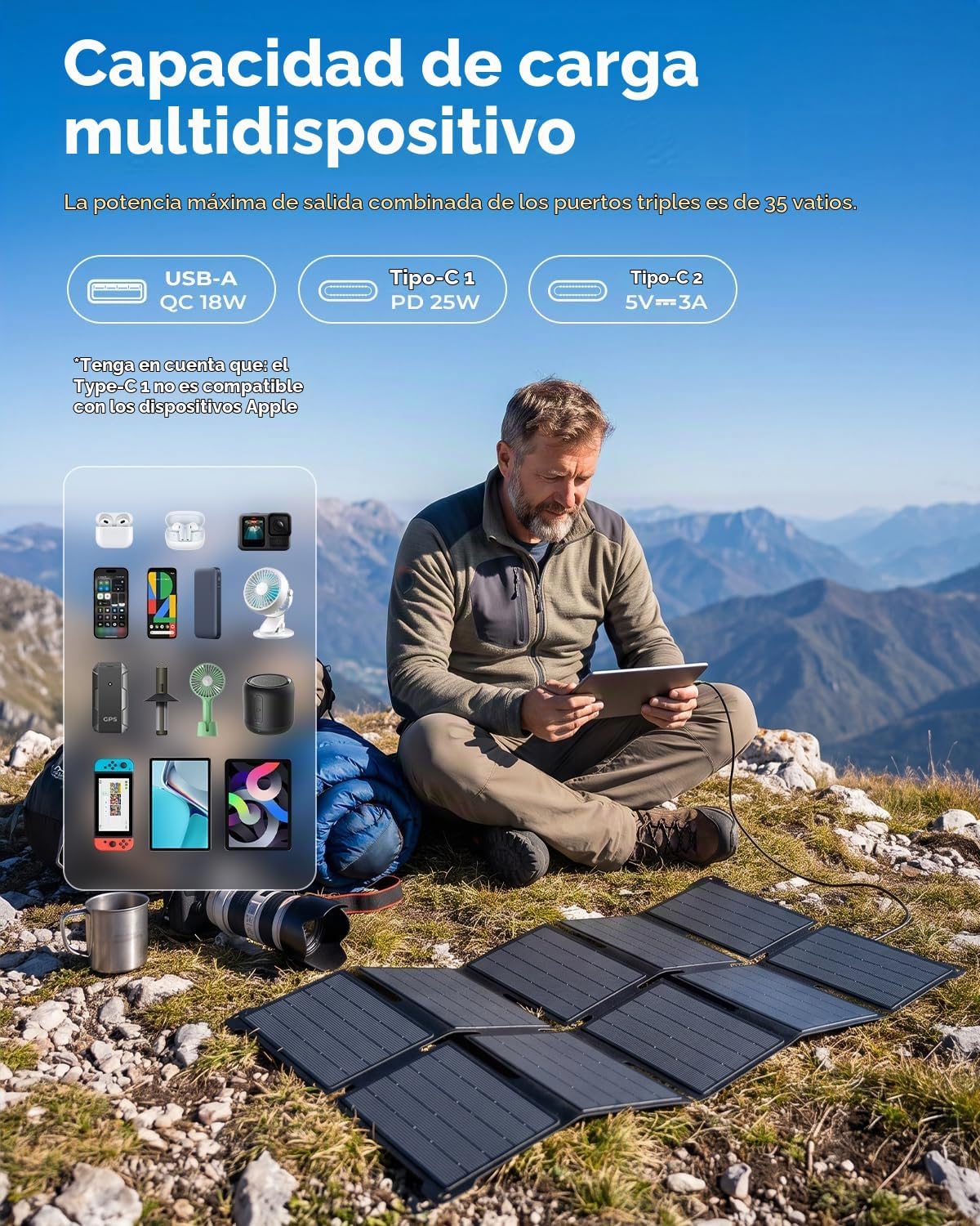 Cargador de panel solar portátil BigBlue de 35W con carga rápida US...