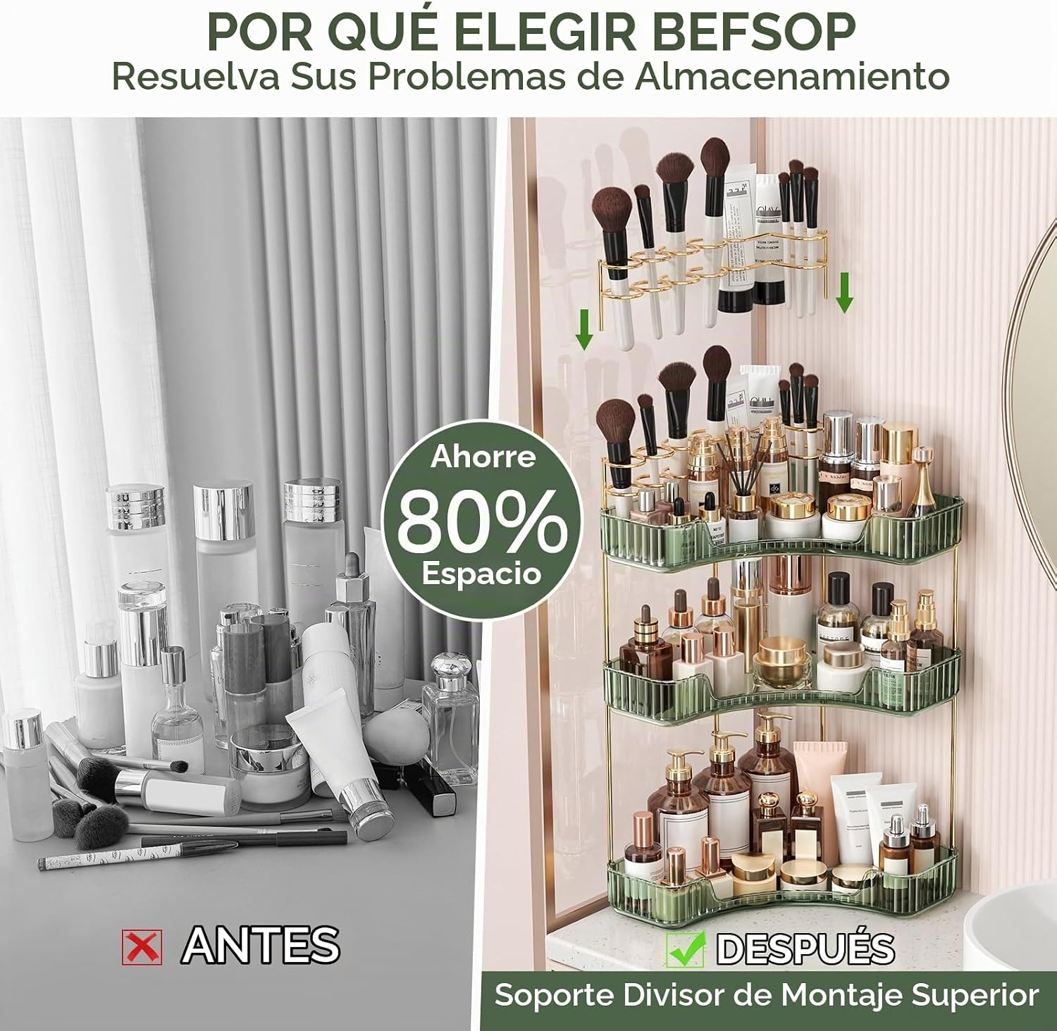 BEFSOP Organizador esquinero de baño, organizador de maquillaje mej...