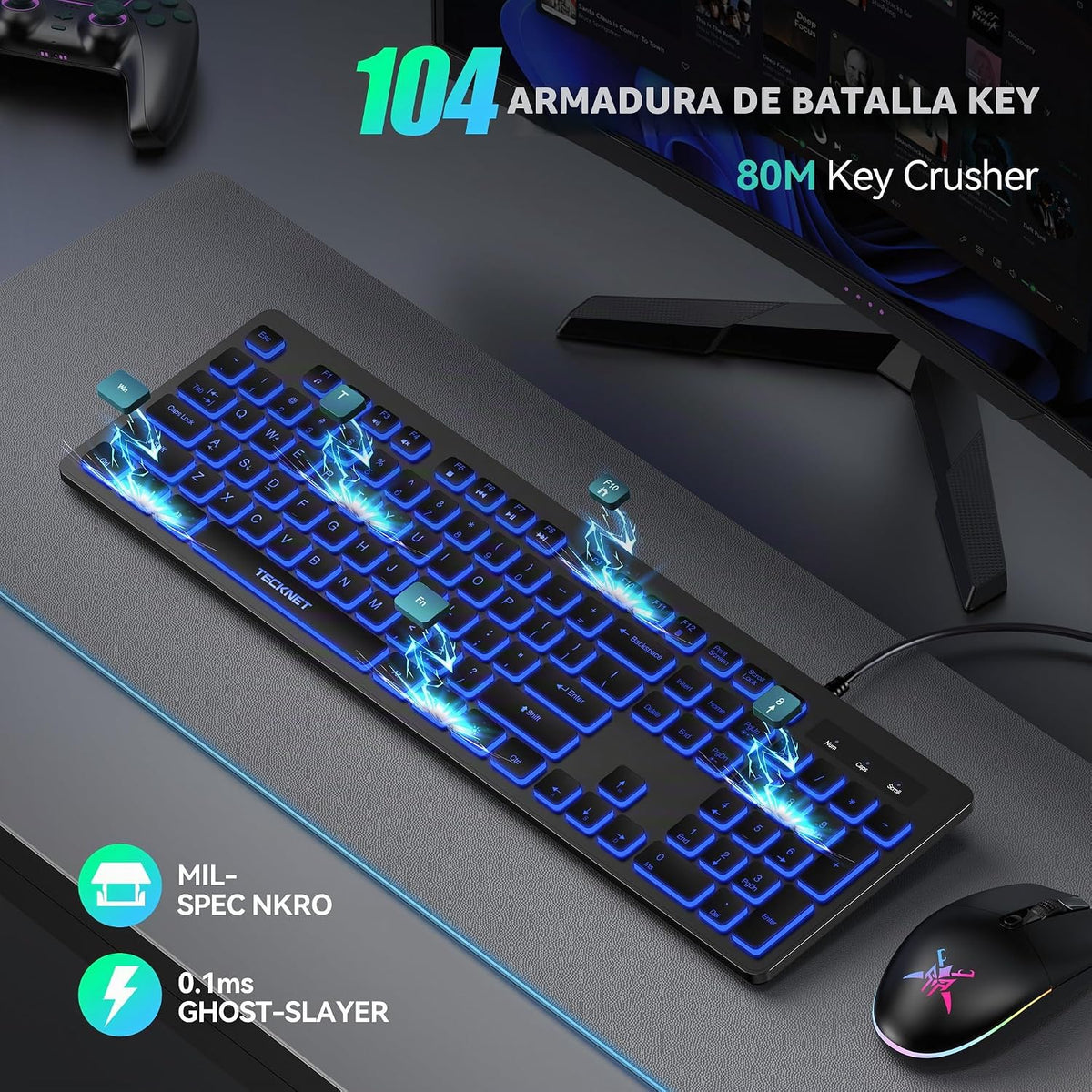 TECKNET Teclado con cable, escritura silenciosa, diseño de tamaño c...