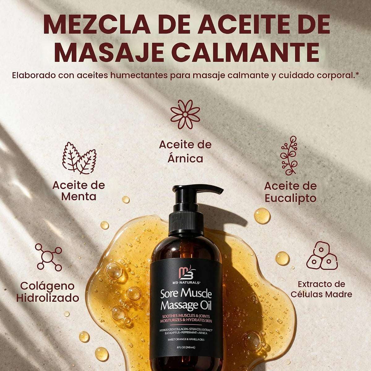 Aceite de masaje de árnica para músculos doloridos con colágeno, cé...