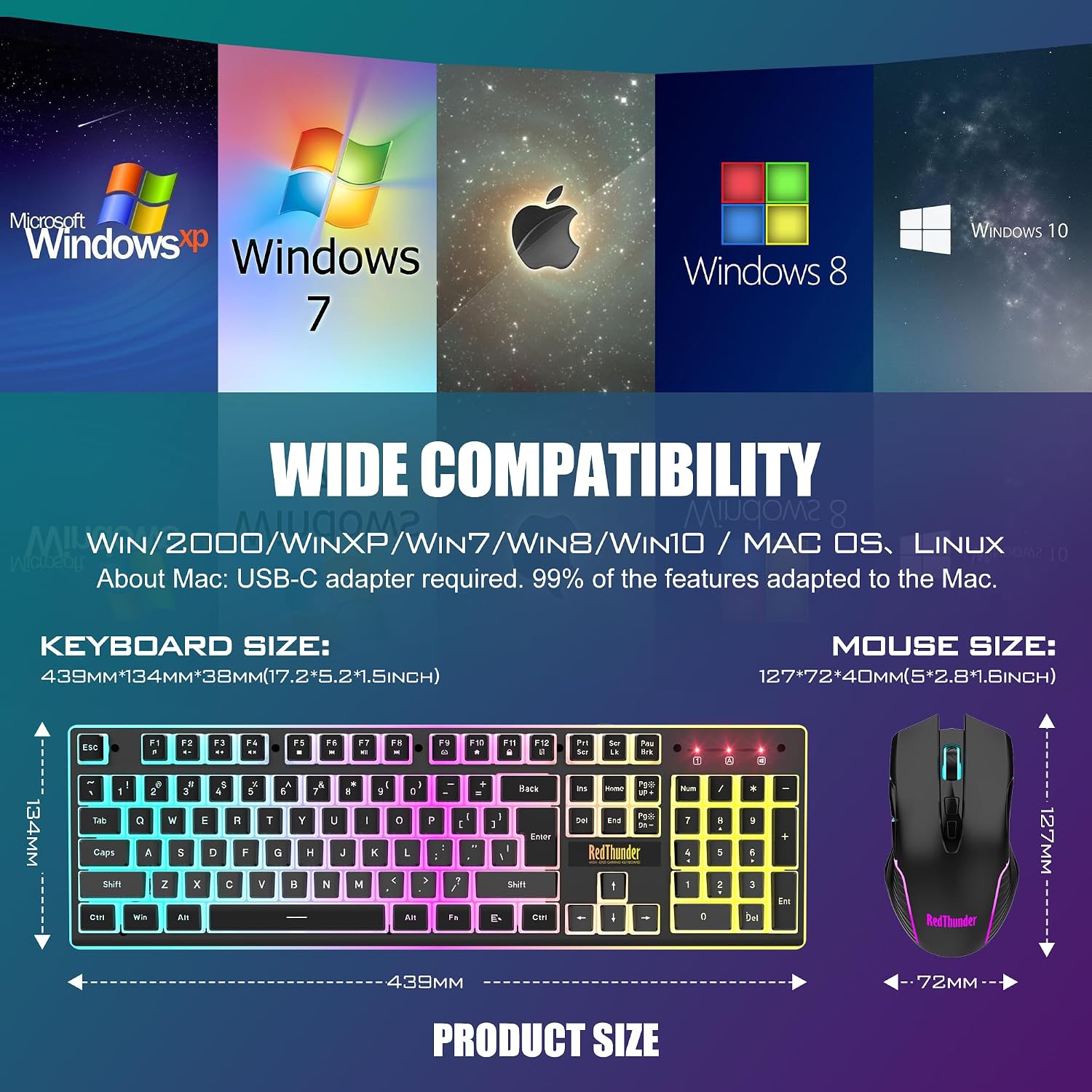 RedThunder K10 Combo de teclado y mouse inalámbricos para juegos, b...