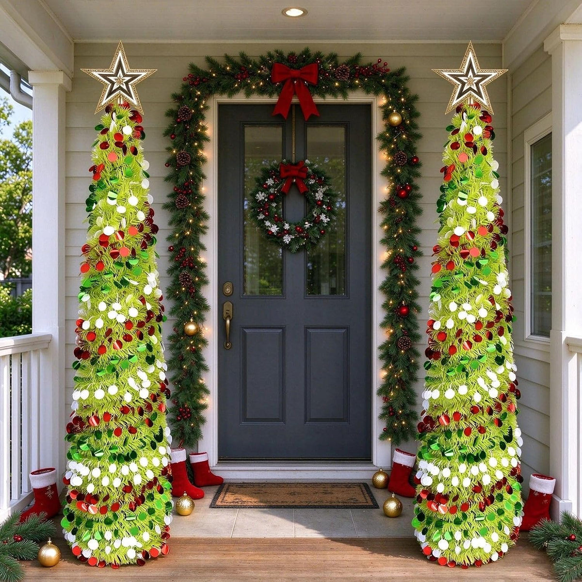 Árbol de Navidad de oropel de 5 pies con 50 luces LED cálidas, pleg...