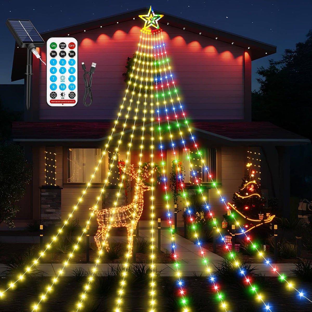 Guirnalda de luces solares de Navidad para exteriores, blanco cálid...