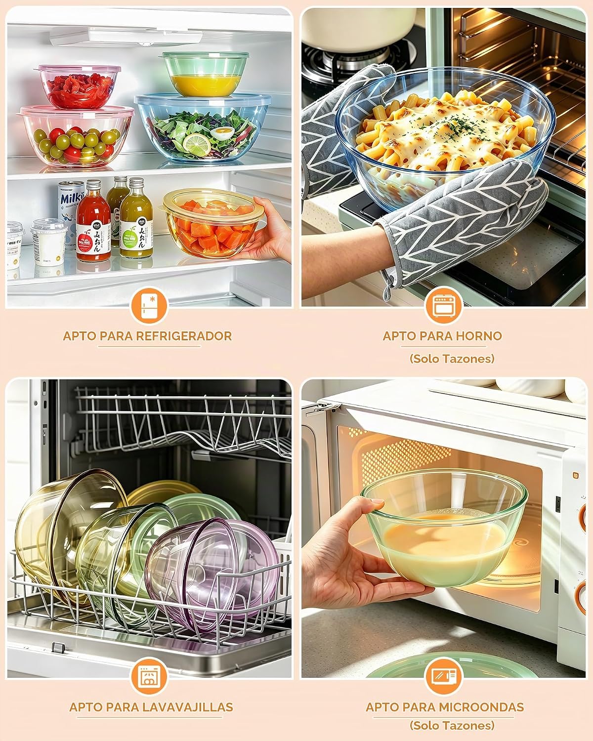 Paquete de 5 tazones de vidrio para mezclar con tapas (4.78 cuartos...