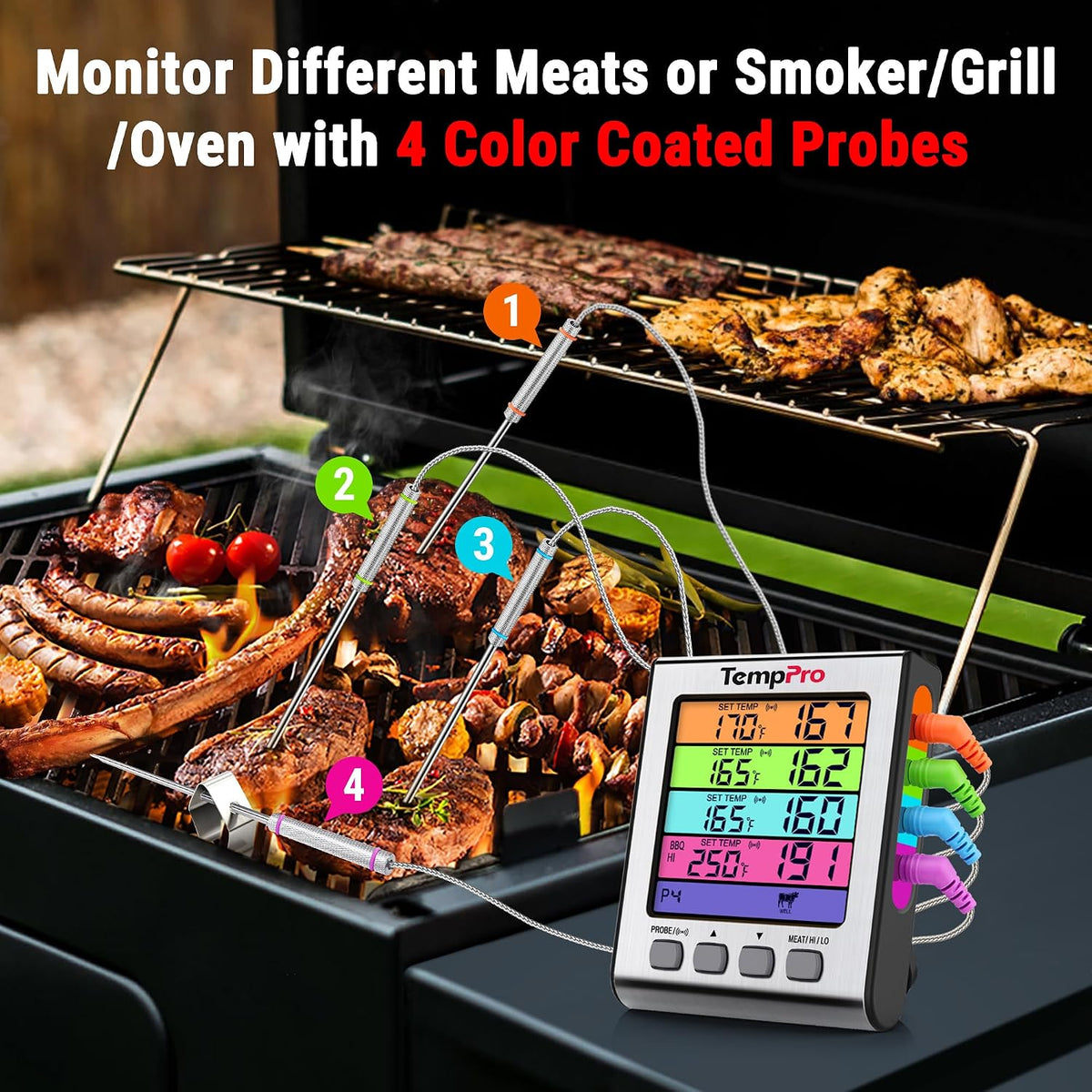 TempPro TempTrack Termómetro digital para carne con 4 sondas de tem...
