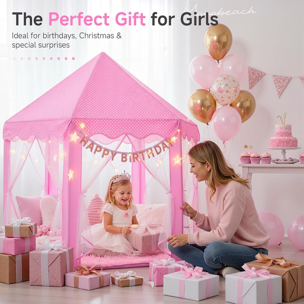 Monobeach Tienda de campaña de princesa para niñas, casa de juegos...
