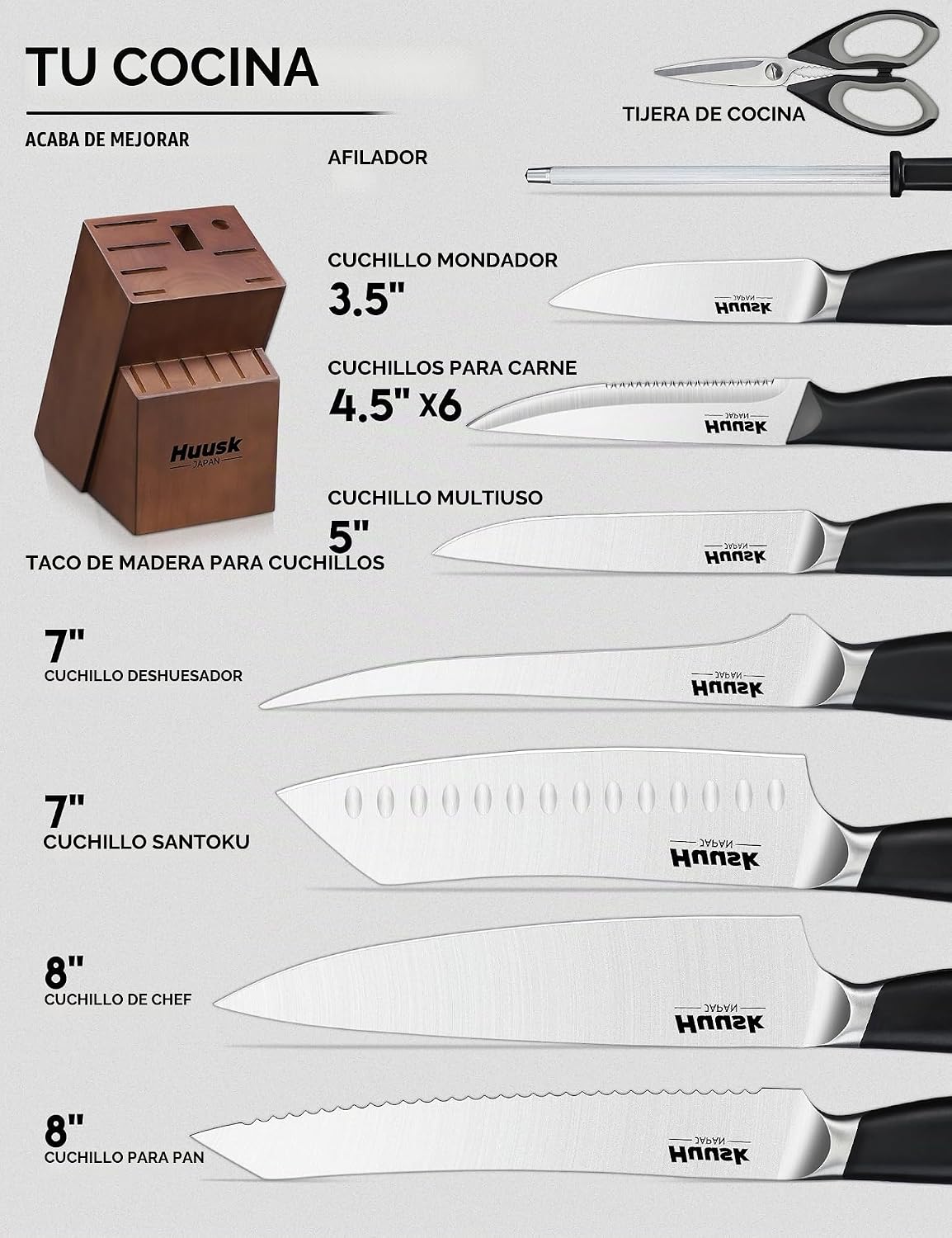 Huusk Juego de 14 cuchillos de cocina japoneses de espiga completa...