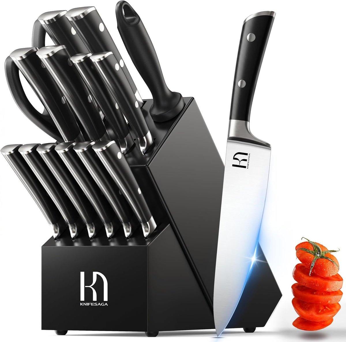 KnifeSaga - Juego de bloques de cuchillos de 15 piezas con afilador...