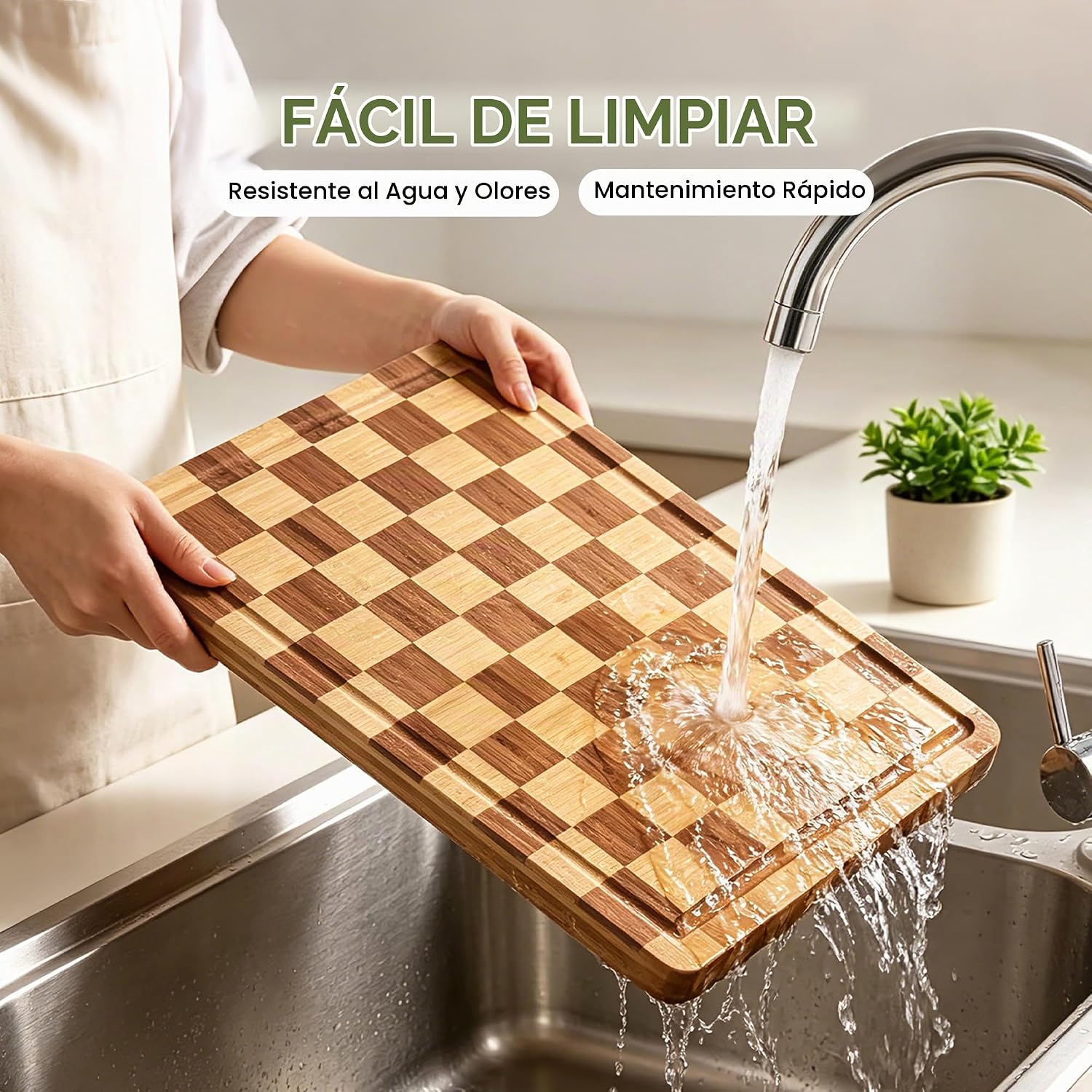Tabla de cortar de bambú para cocina, tabla de cortar a cuadros de...
