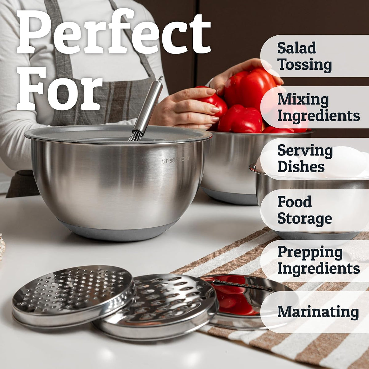 Priority Chef Juego de tazones para mezclar de acero inoxidable con...