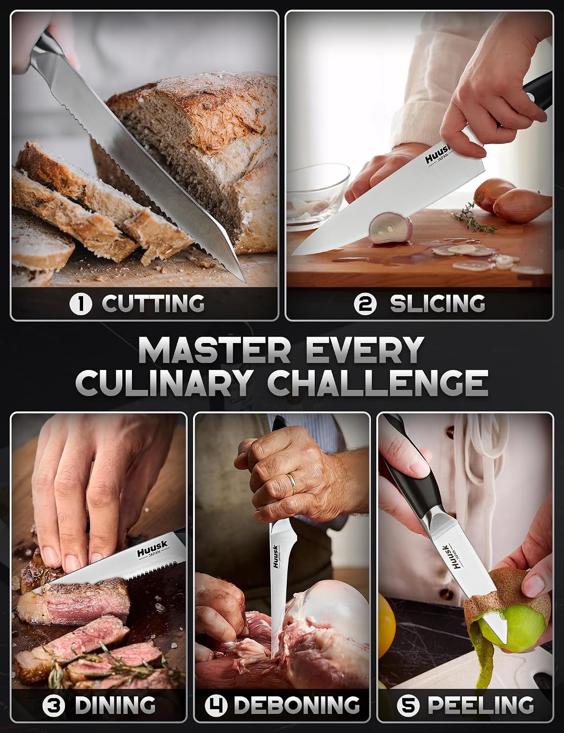 Huusk Juego de 14 cuchillos de cocina japoneses de espiga completa...