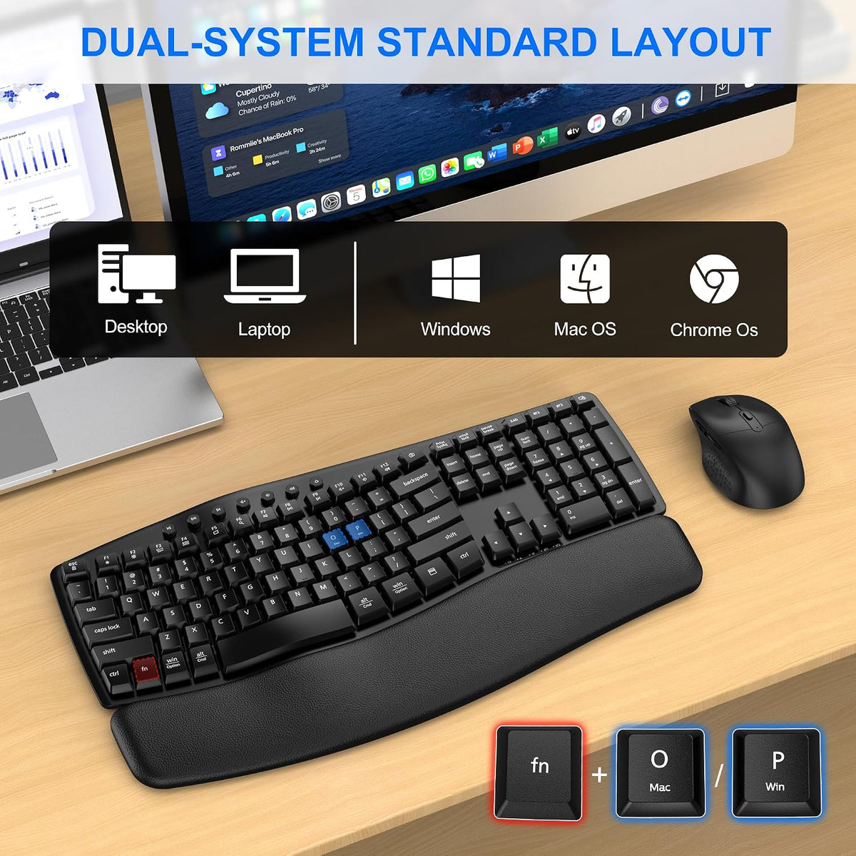 Combinación de teclado y mouse inalámbricos, modo dual Bluetooth\/2...