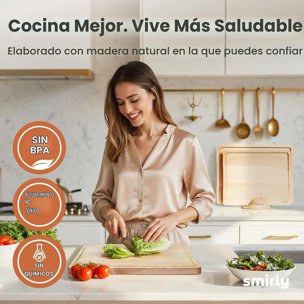 SMIRLY Juego de tablas de cortar de madera para cocina, juego de ta...