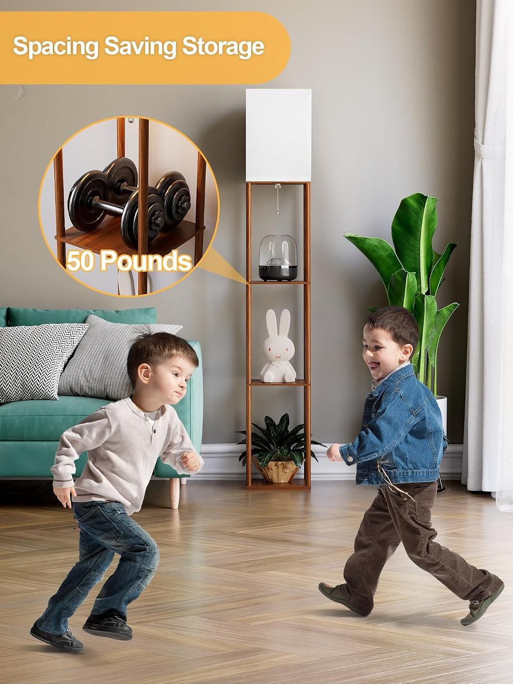 PARTPHONER Lámpara de pie con estantes para sala de estar, color ma...