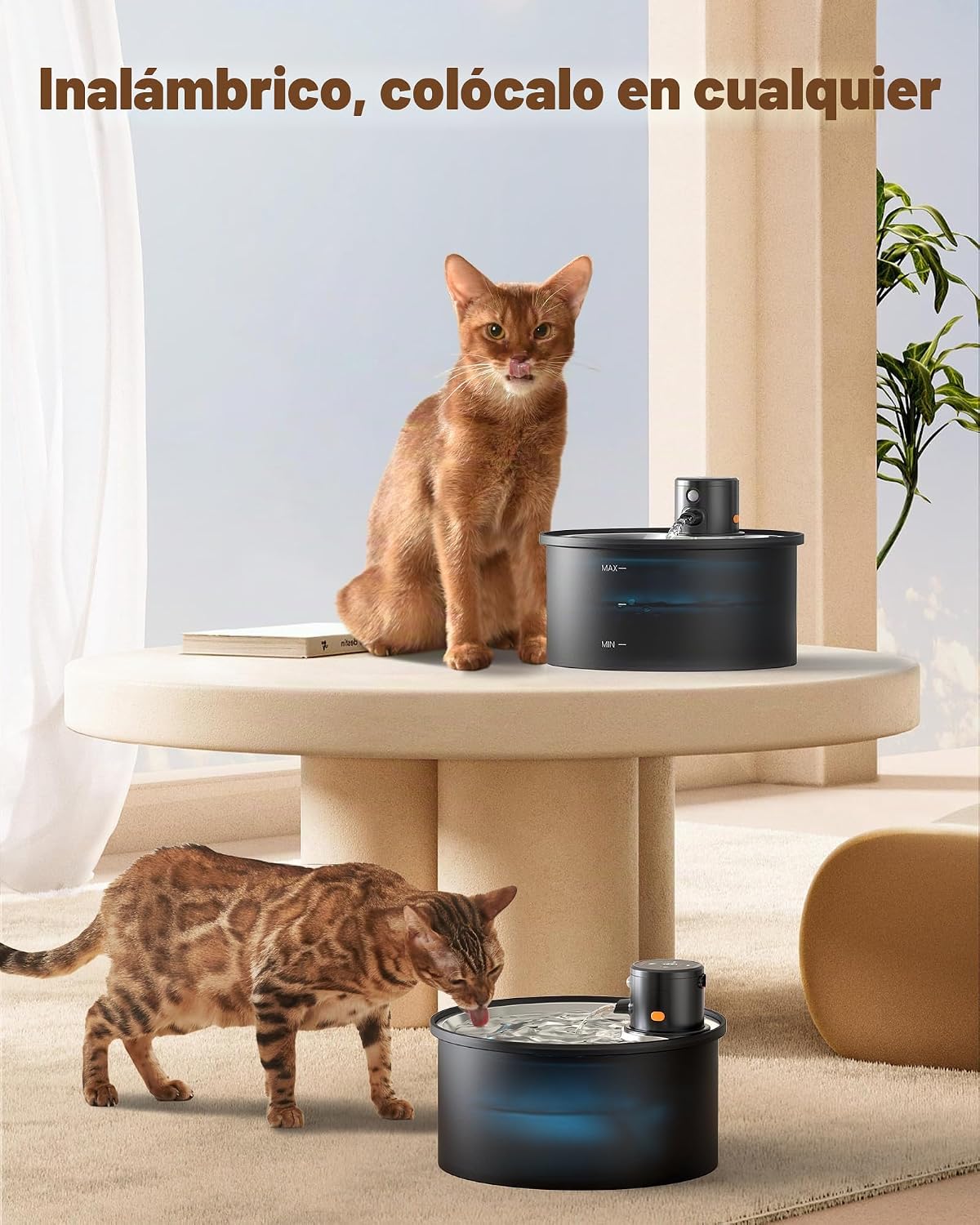 Fuente de Agua para Gatos Inalámbrica Sin Cable: 3.2L\/108oz Operad...