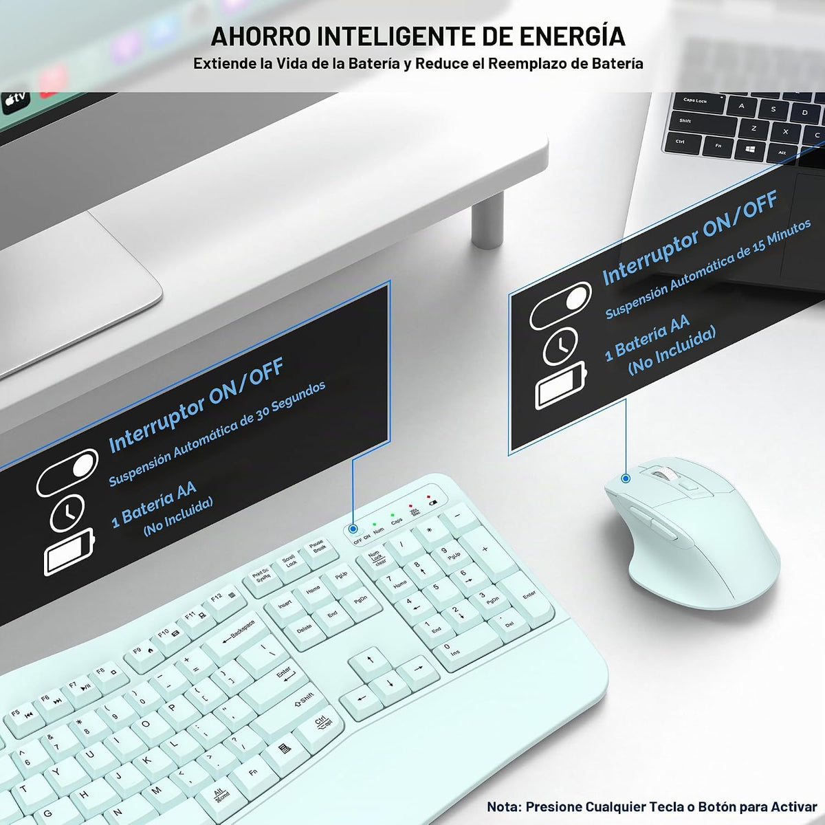 Combo de teclado y mouse inalámbricos, teclas onduladas de tamaño c...