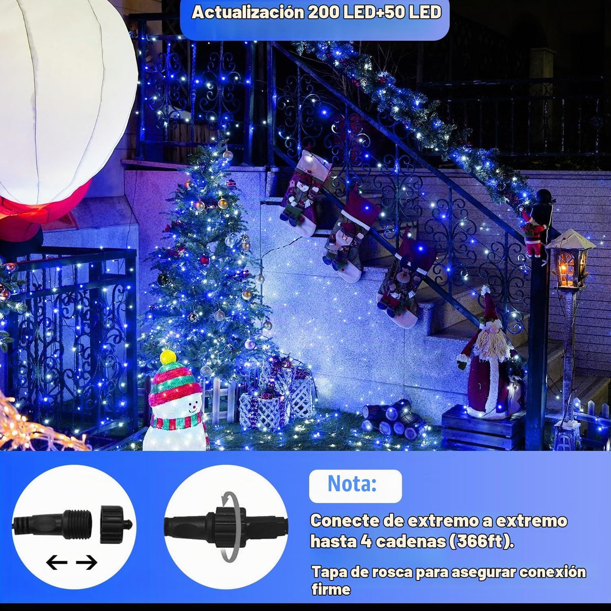 JMEXSUSS - 250 luces LED de Navidad azules y blancas, tira de luces...