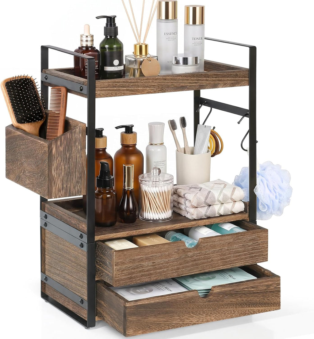 Organizador de encimera de baño de 2 niveles con 2 cajones, cesta y...