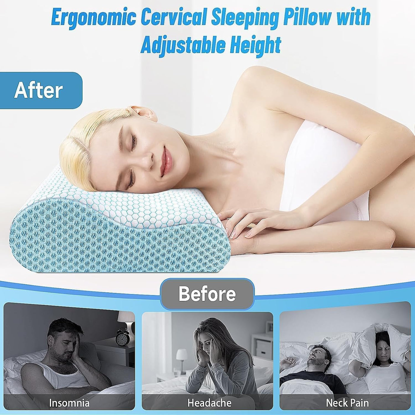Almohada cervical ergonómica para dormir, tamaño estándar azul | Al...