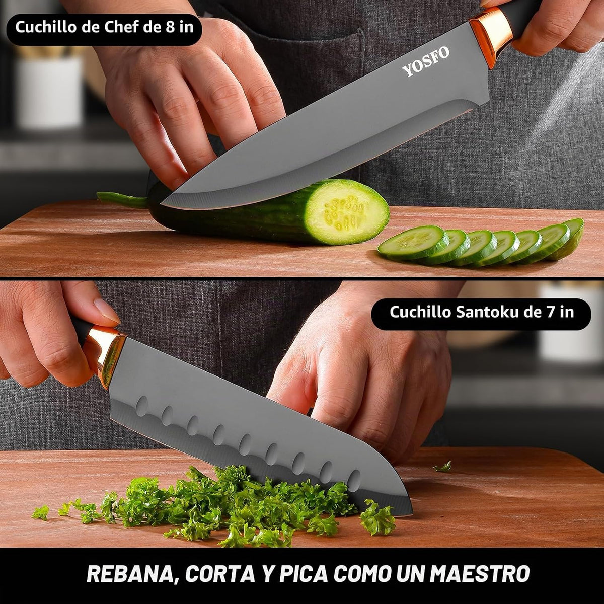 YOSFO - Juego de cuchillos de cocina, 15 piezas con bloque y afilad...
