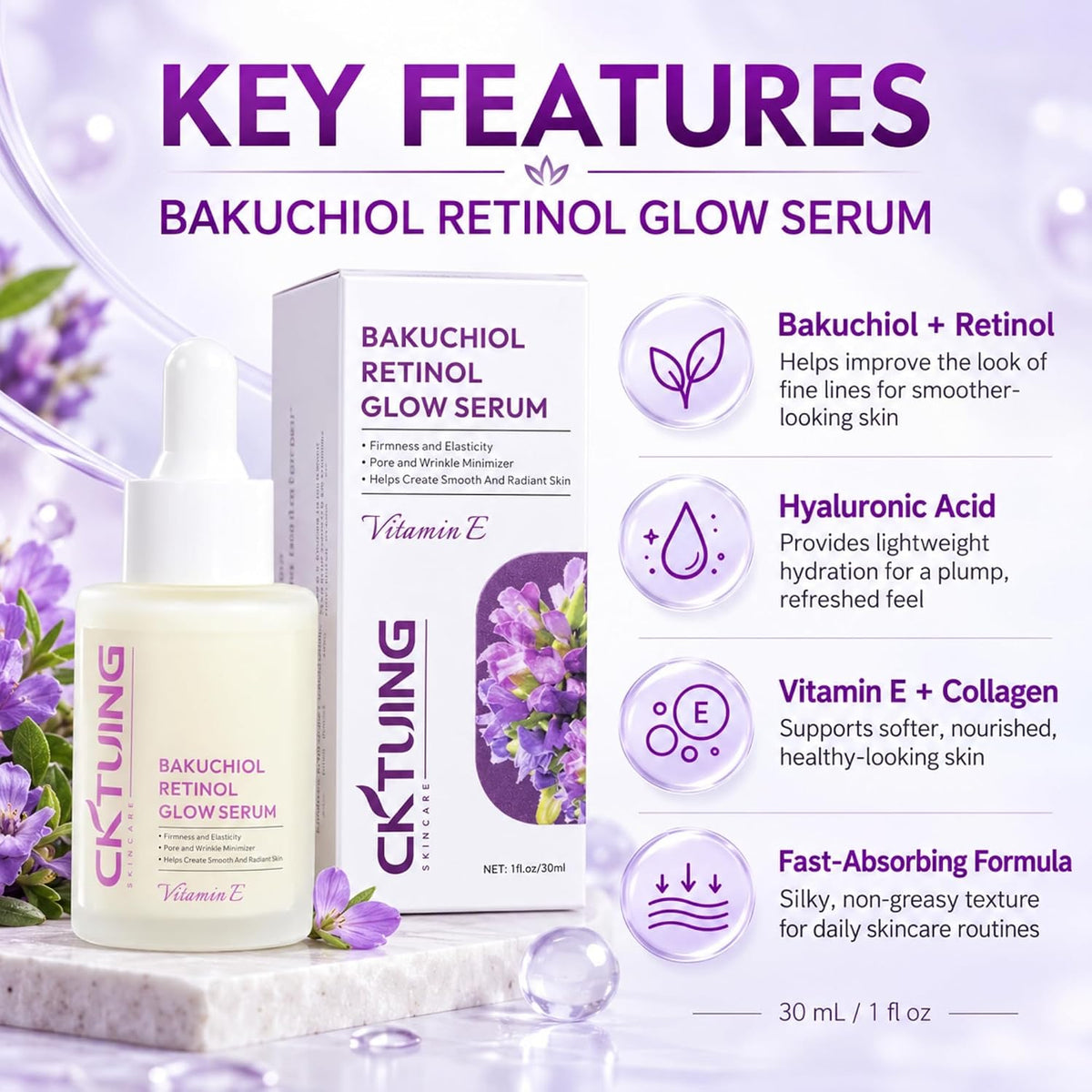 Bakuchiol - Suero facial de retinol con ácido hialurónico, vitamina...