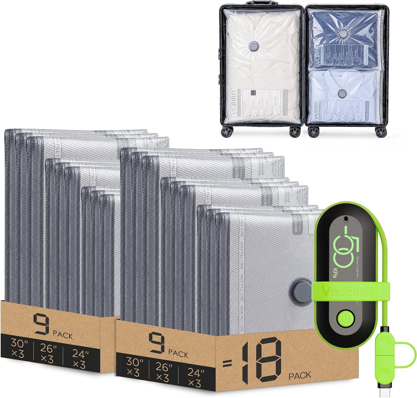 Vacbird Bolsas de vacío de viaje con bomba eléctrica USB, paquete d...