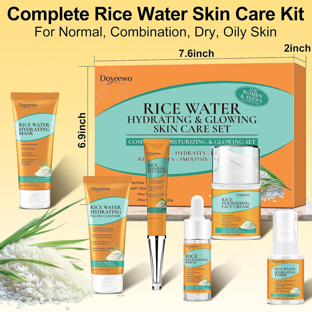Set de cuidado de la piel con extracto de arroz coreano para hidrat...