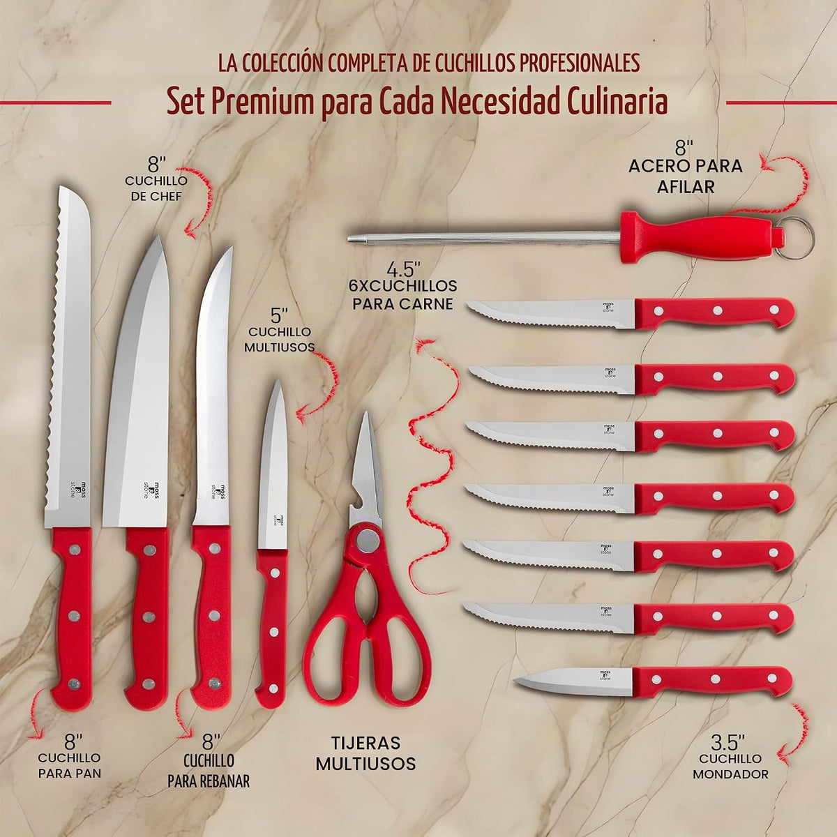 Moss &amp; Stone Juego de cuchillos de cocina rojos de 14 piezas co...