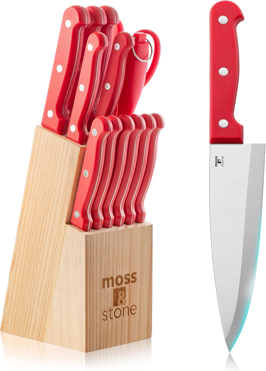 Moss &amp; Stone Juego de cuchillos de cocina rojos de 14 piezas co...