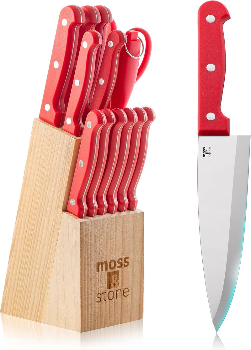 Moss &amp; Stone Juego de cuchillos de cocina rojos de 14 piezas co...
