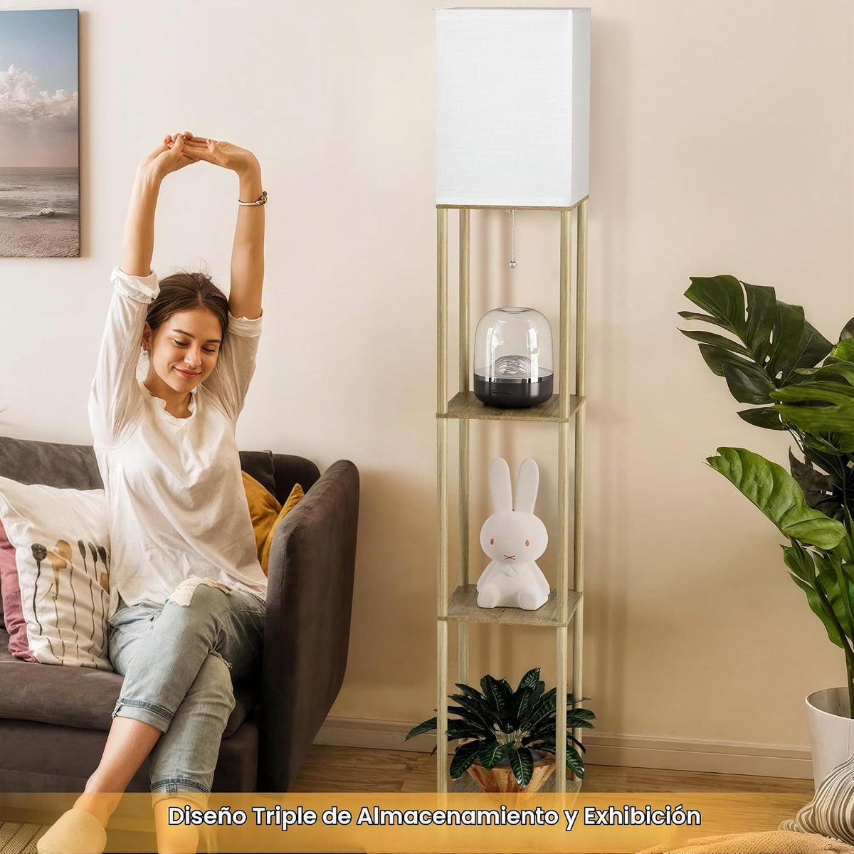 PARTPHONER Lámpara de pie con estantes para sala de estar, madera n...