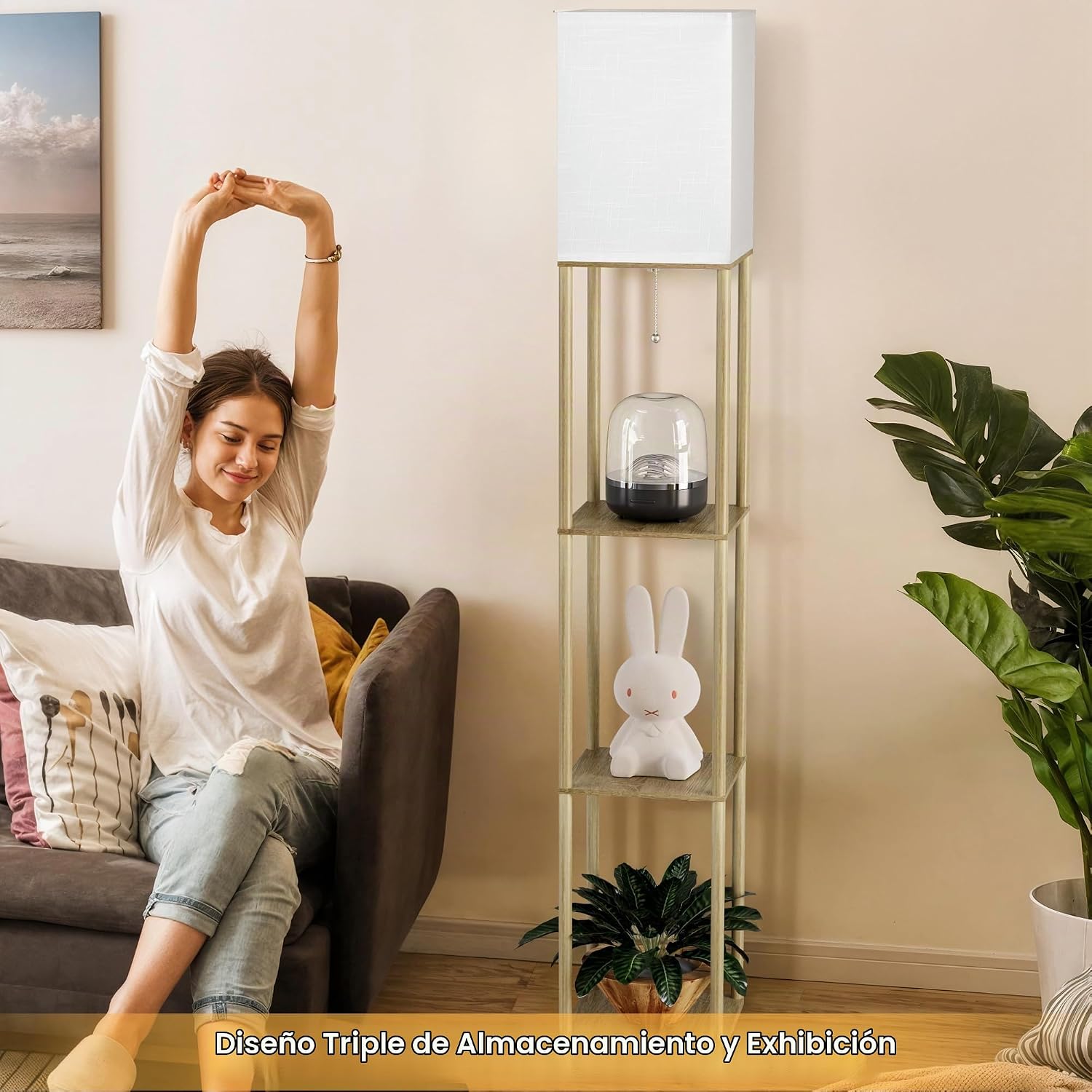 PARTPHONER Lámpara de pie con estantes para sala de estar, madera n...