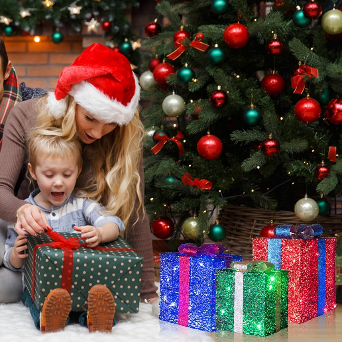 PEIDUO Cajas de regalo iluminadas de Navidad, juego de 3, decoracio...