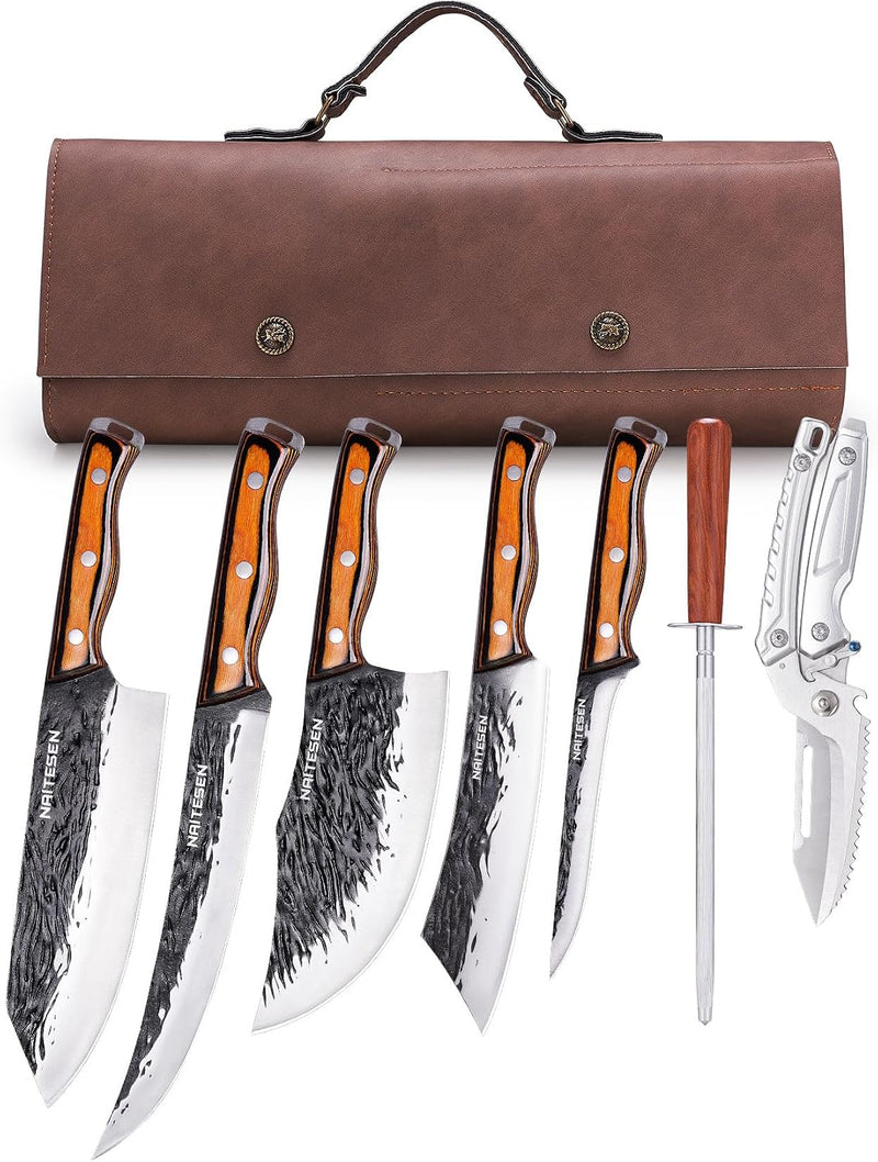 Naitesen 7 piezas de cuchillo de carnicero forjado a mano y cuchill...