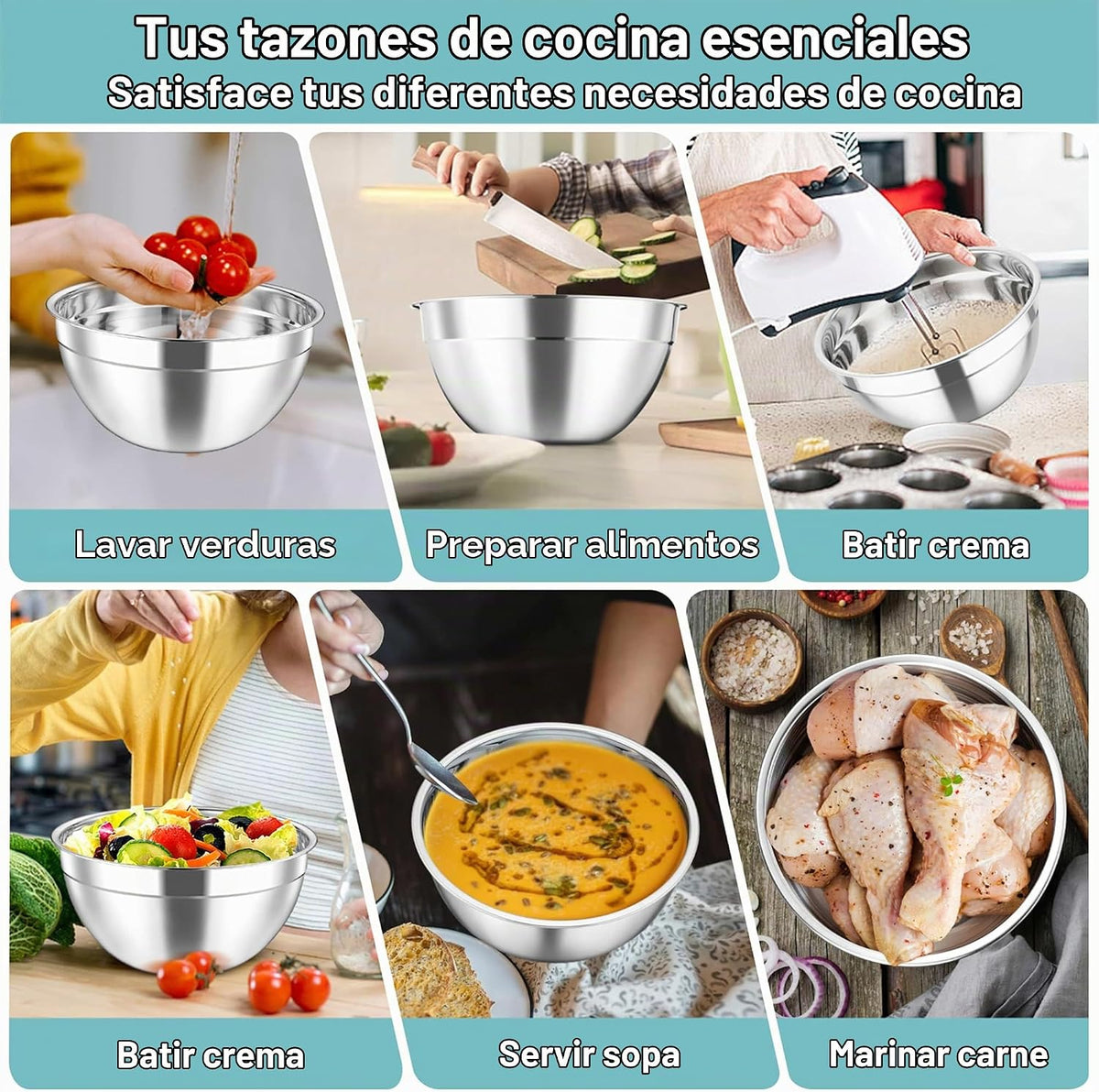 TeamFar - Juego de 5 tazones para mezclar con tapas, de acero inoxi...