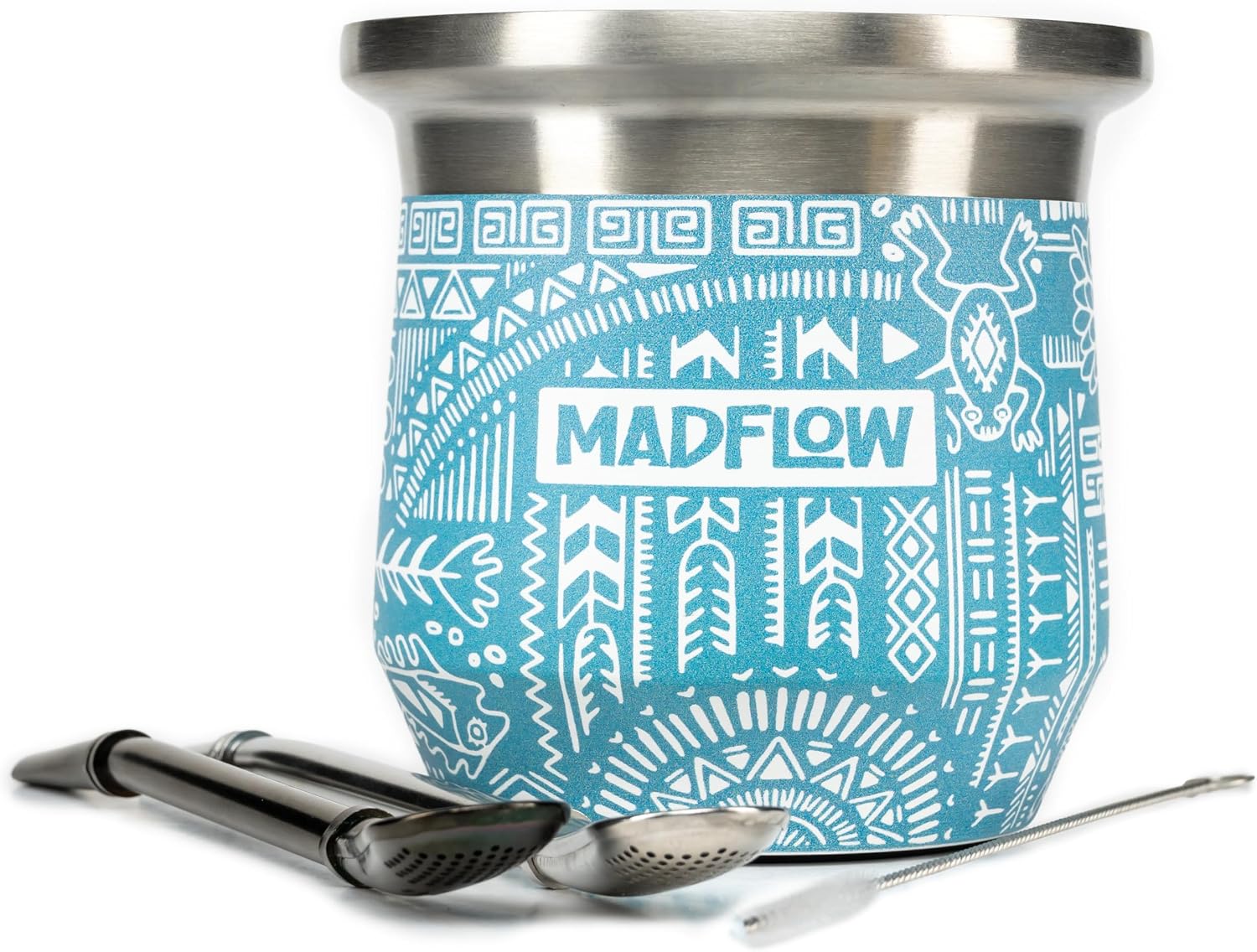 MADFLOW Taza de Yerba Mate. Taza mate de acero inoxidable con 2 bombillas. Calabaza de yerba mate aislada al vacío de doble pared. Juego único de calabaza y bombilla