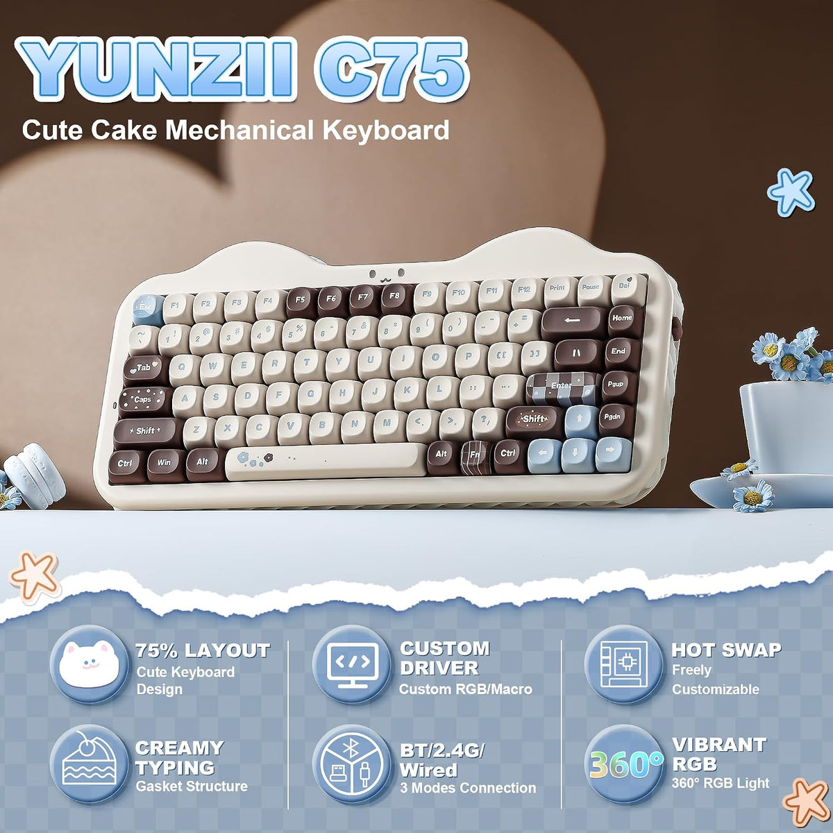 YUNZII C75 Lindo teclado mecánico inalámbrico 75% (Choco, interrupt...