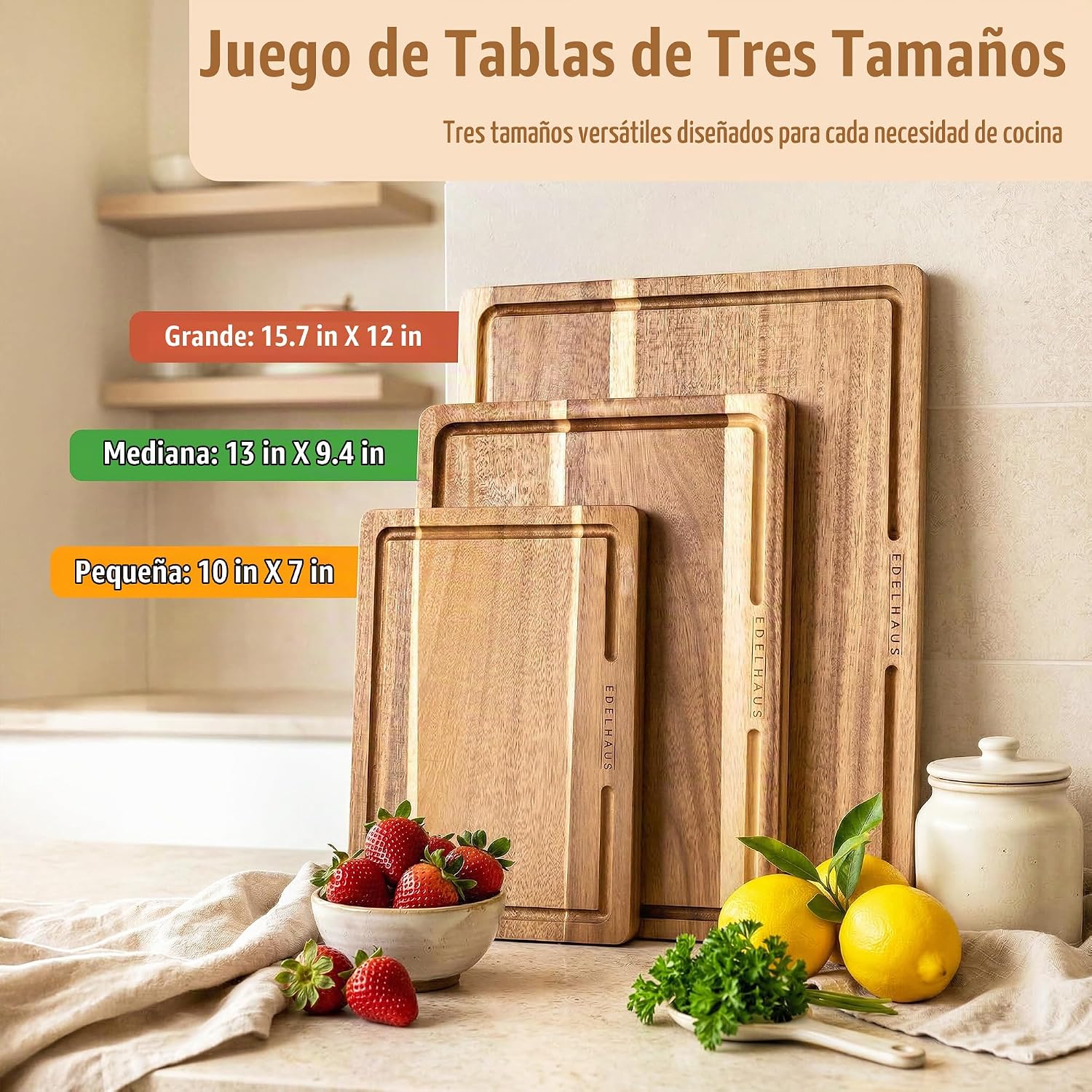 EDELHAUS Juego de 3 tablas de cortar de madera de acacia para cocin...