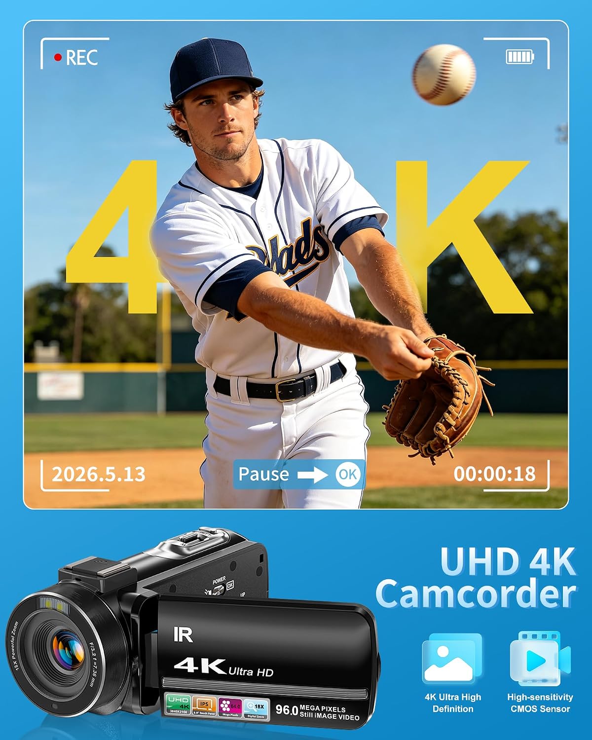 Aidzhi Cámara de video 4K Videocámara 96MP UHD Vlogging Cámara para...