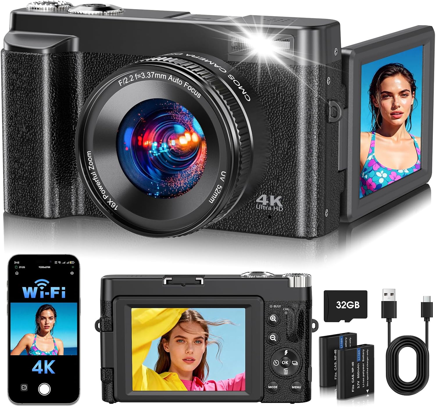 Cámara digital 4K mejorada 2026 de 64 MP WiFi con pantalla abatible...