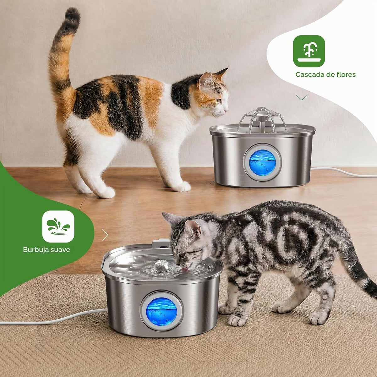 PEKTACO Fuente de agua para gatos, fuente para mascotas de acero in...