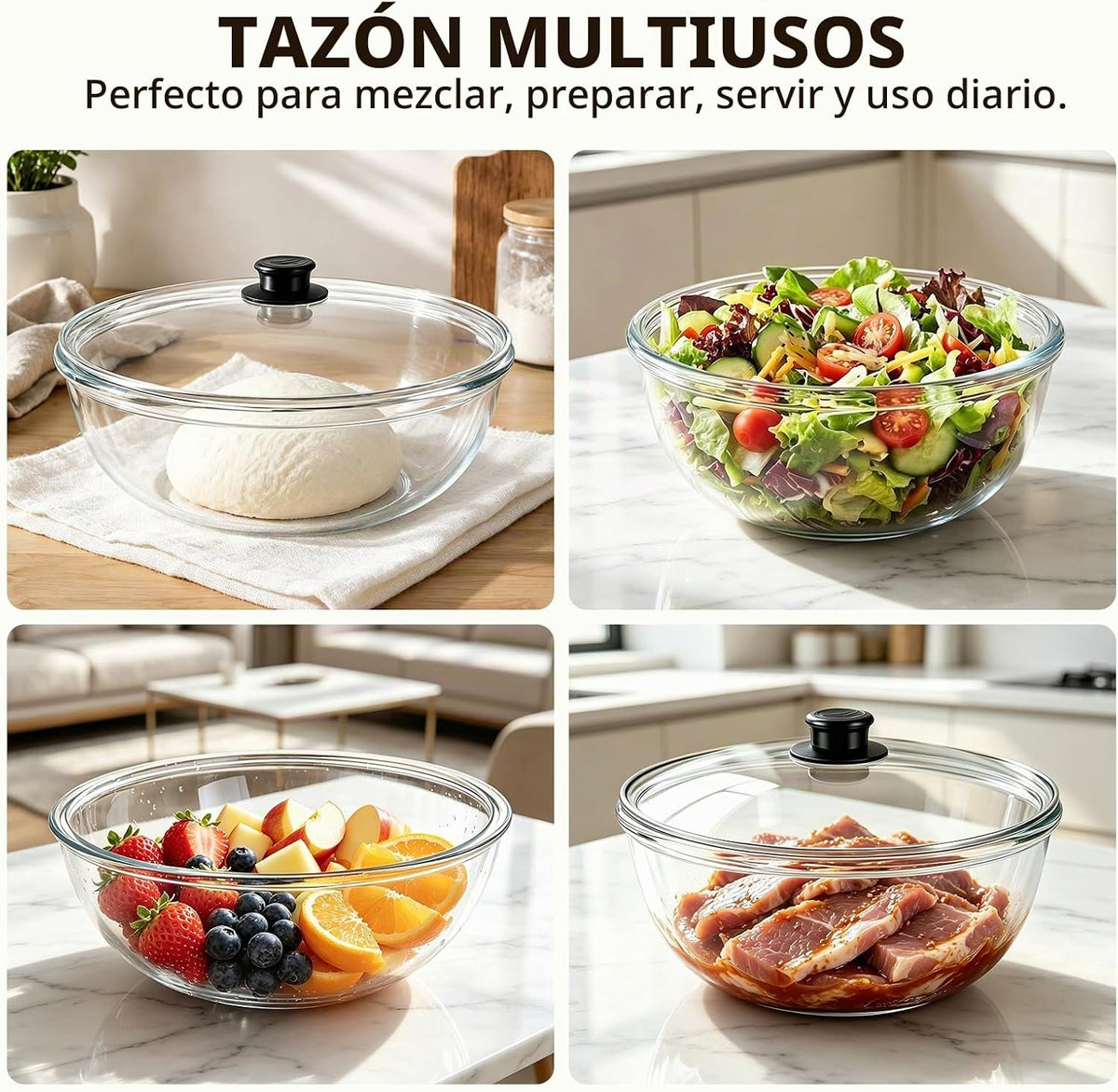 Tazón de mezcla de vidrio grande de 5QT con tapa, cuenco de vidrio...